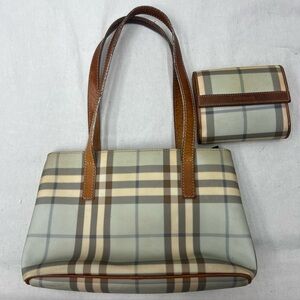 BURBERRY PVC Leather Plaid Tote Bag with matching Wallet cream blue